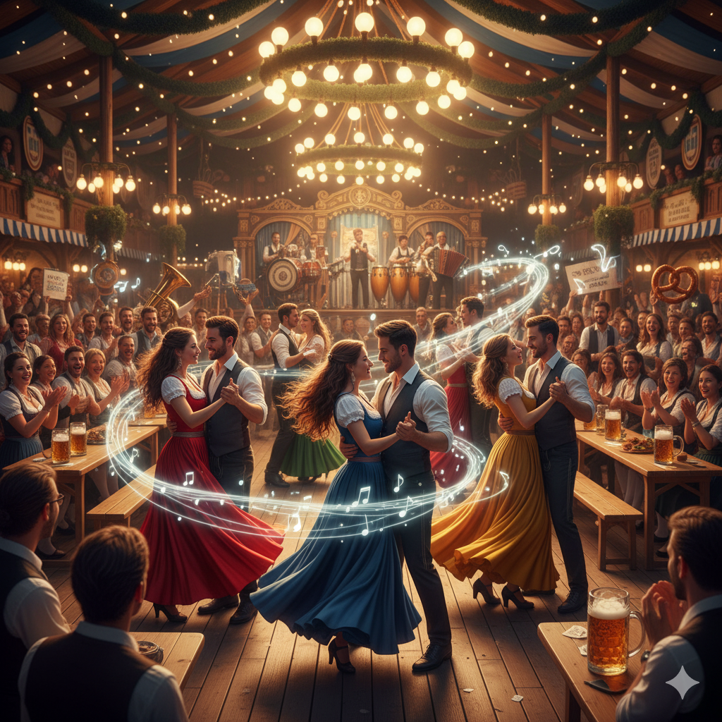 Viele Paare, die Salsa im Dirndl und Ledertracht im bamberger Bierzelt tanzen.