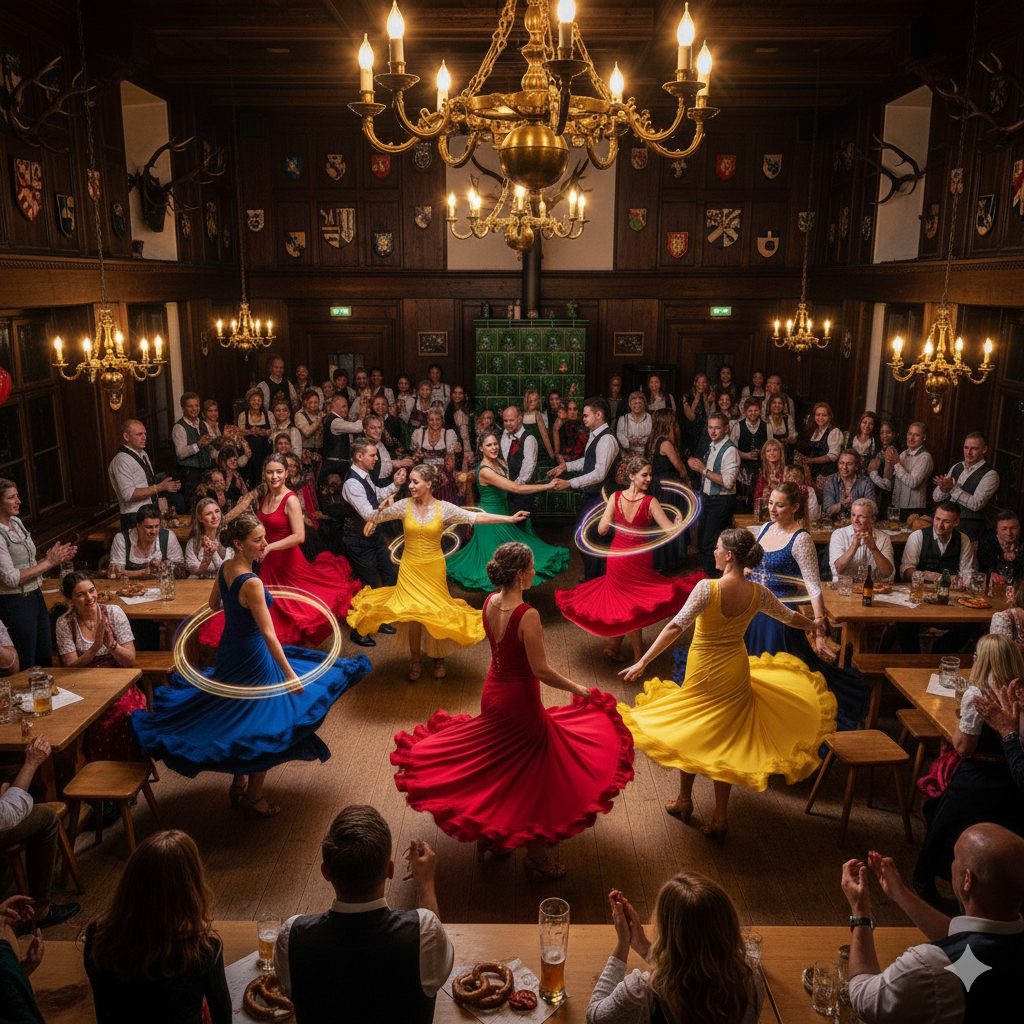 Mehrere junge Frauen tanzen in blauen, gelben, roten und grünen Kleidern zu Salsa-Musik und die Röcke fliegen herum.