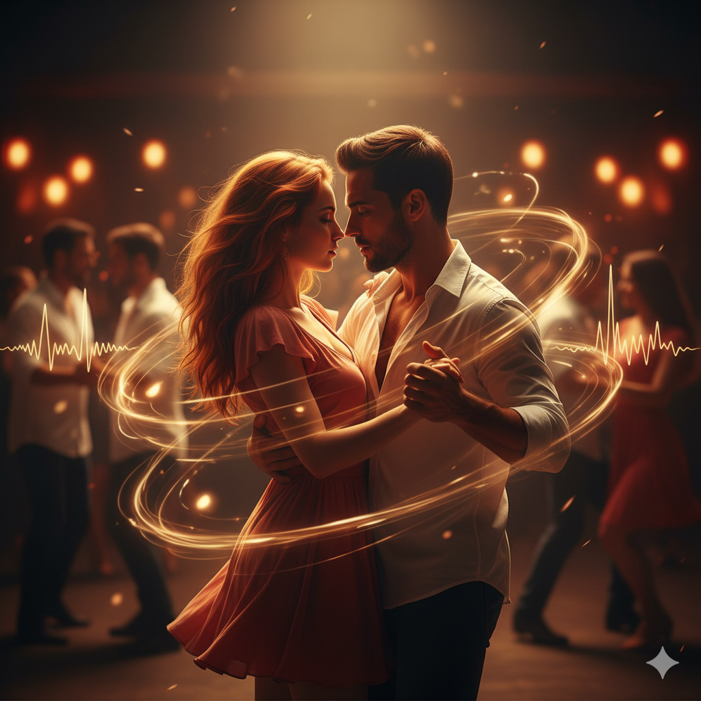 Mann und Frau die verträumt zu romantischer Bachata-Musik tanzen.