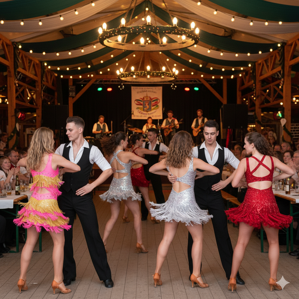 Latinas mit bunten Kleider tanzen energiegeladen Salsa im Bamberger Bierzelt.
