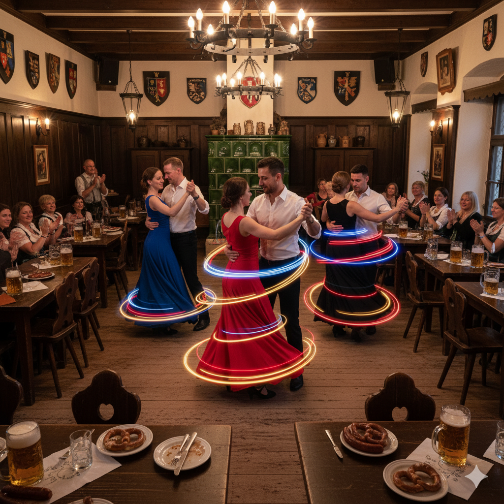 In einer kleinen gemütlichen Gaststätte mit Kamin tanzen drei Paare Salsa und die Leute um sie herum feuern sie an.