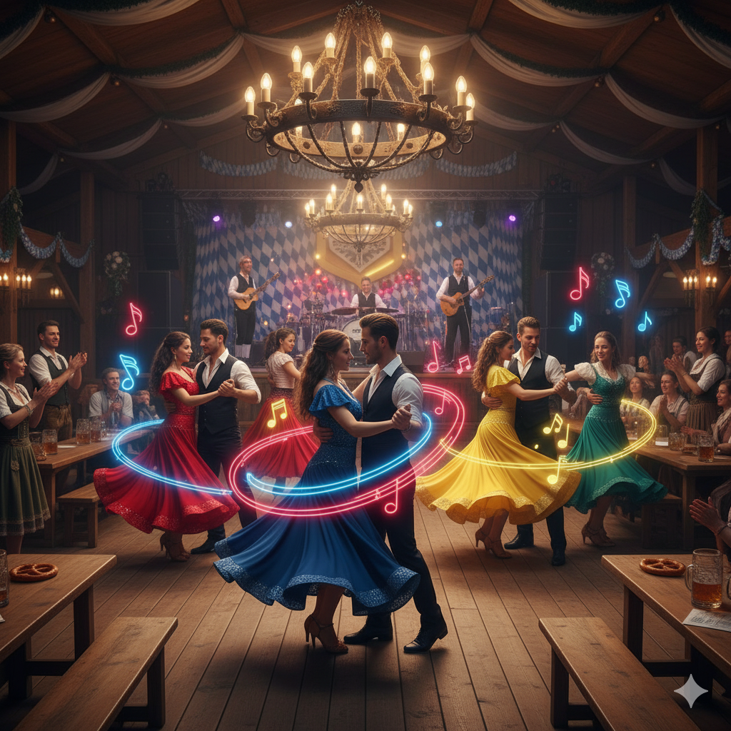 Mehrere Paare tanzen in einem bayrischen Bierzelt eine fröhliche Salsa.
