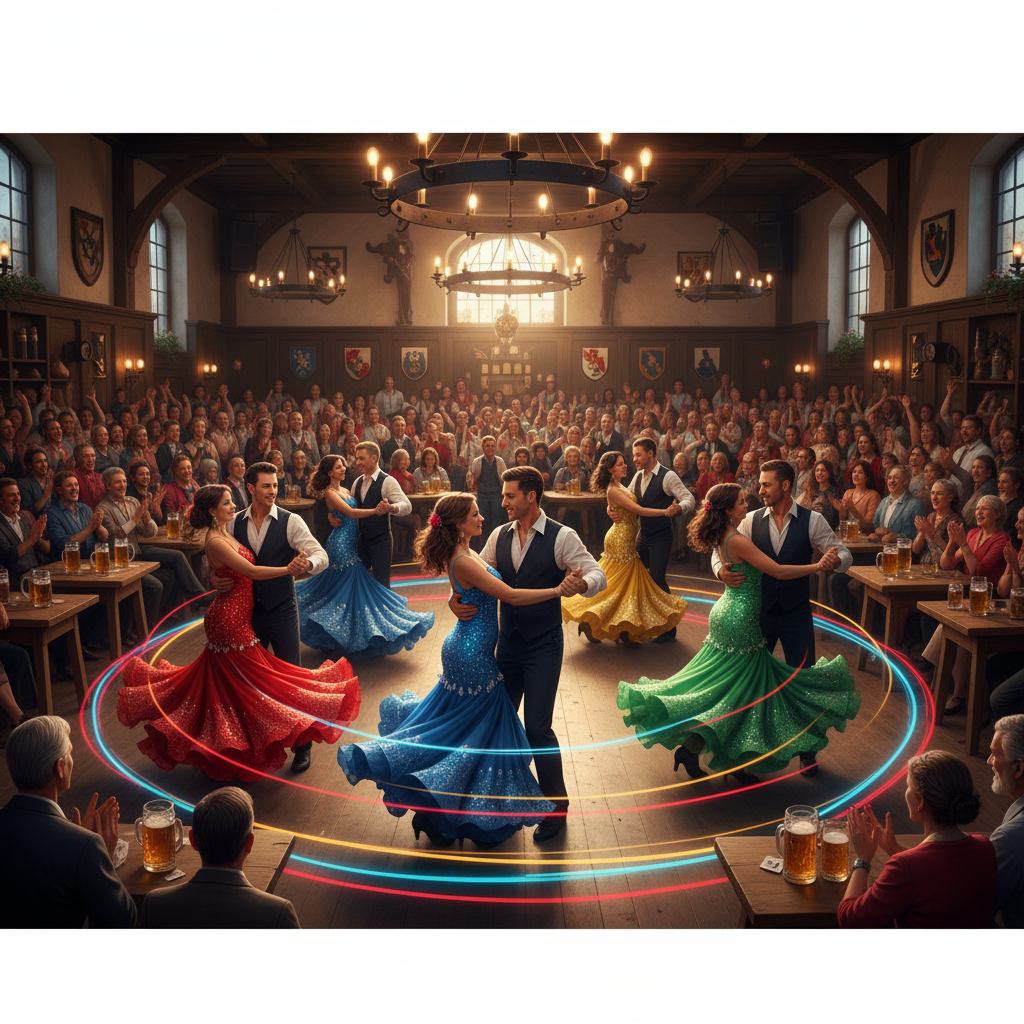 In einem voll besetzten Tanzsaal tanzen glizernde Salsa-Tänzer und Salsa-Tänzerinnen in roten, grünen, gelben und grünen Kleidern zu feurigen Salsa-Liedern.