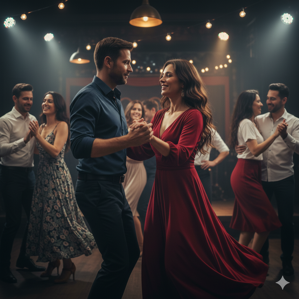 Ein glückliches Paar tanzt verträumt einen Salsa, Bachata oder Kizomba.