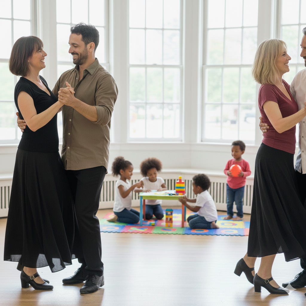 Eltern tanzen Salsa, Bachata und Kizomba im Tanzverein, während die Kinder spielen